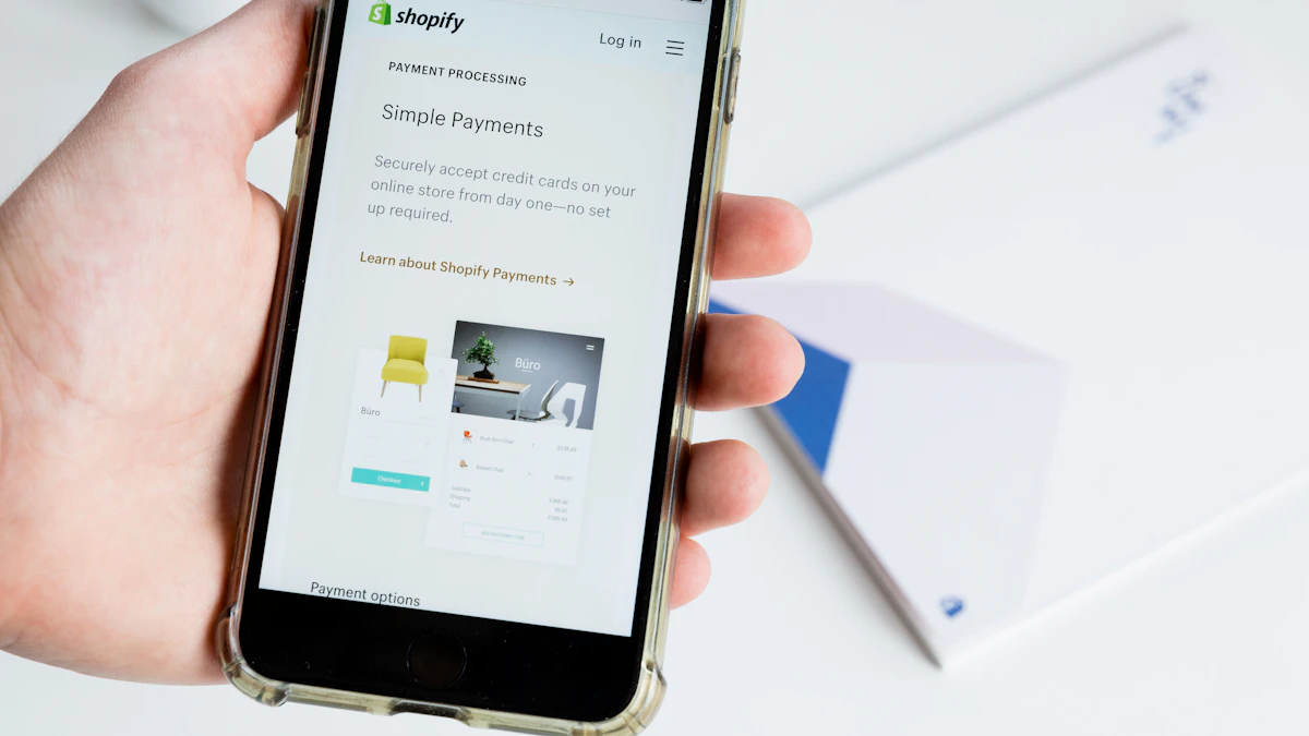 Hand holding a smartphone showing an online store payment page