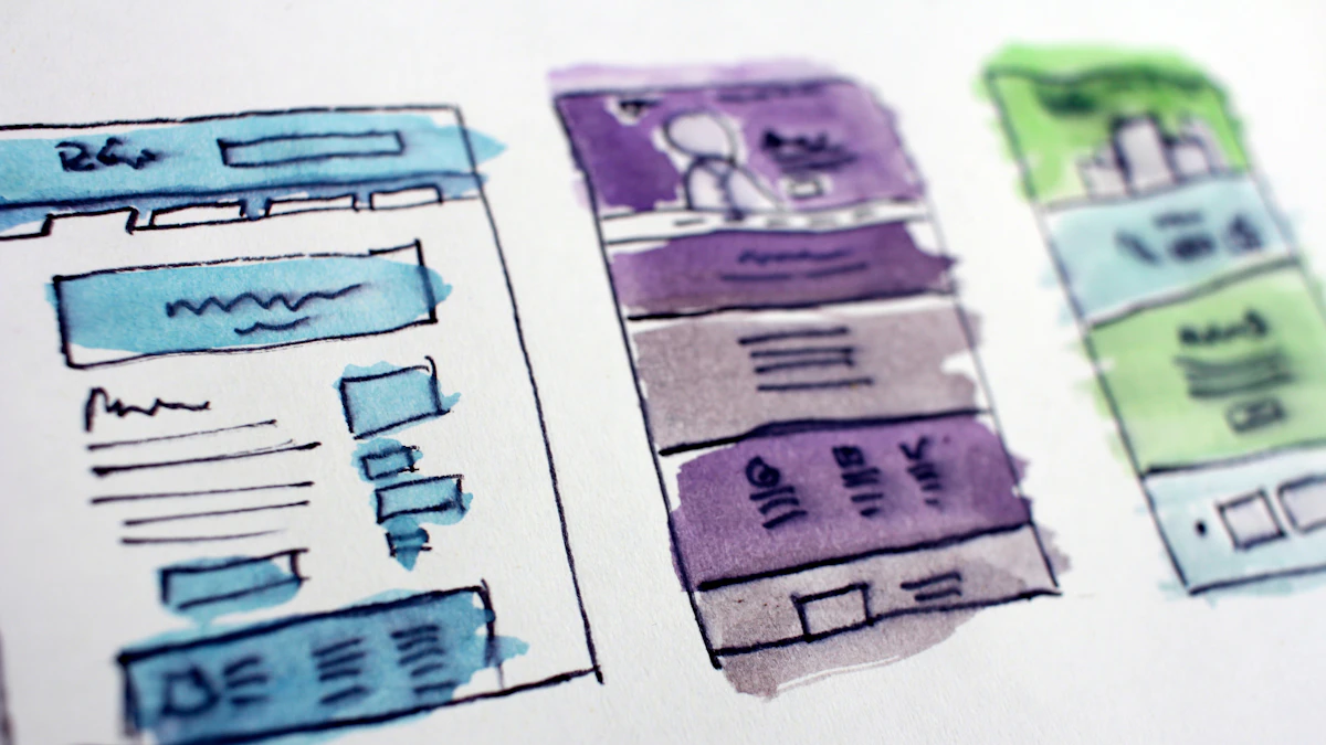 Watercolour wireframe sketches of website page layouts