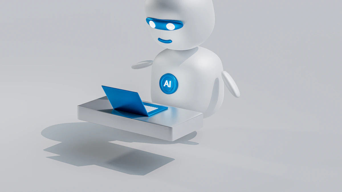 3D illustration of an AI chatbot assistant working at a laptop