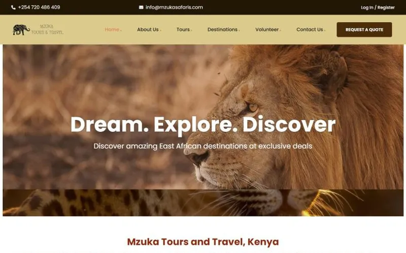 Homepage of the Mzuka Safaris website